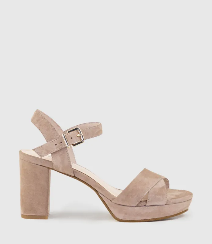 ROWAN80 Asymmetrical Platform Sandal in Nude Suede sold by Edward Meller