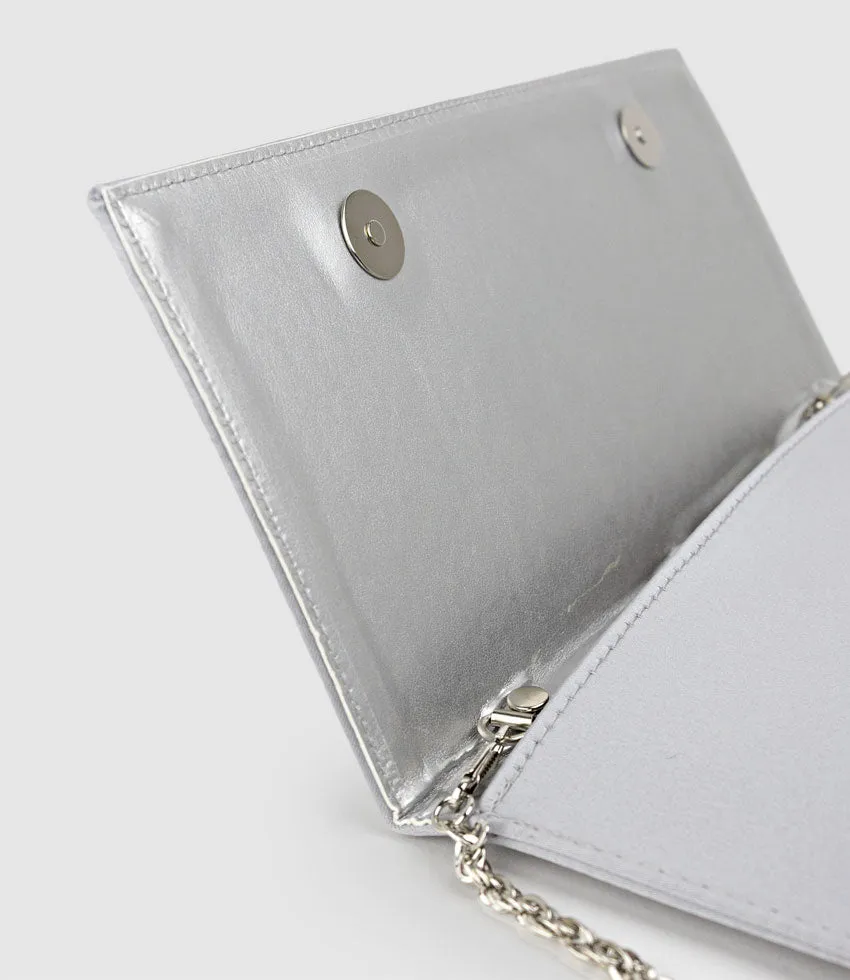 NEVE Envelope Clutch in Silver Satin sold by Edward Meller product image thumbnail 3