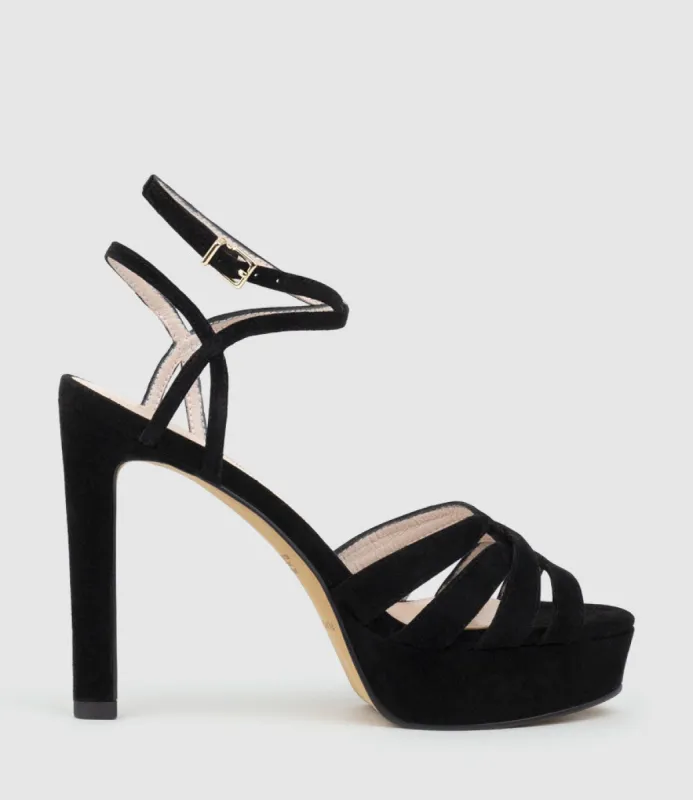 SYREN110 Ankle Wrap Platform Sandal in Black Suede sold by Edward Meller