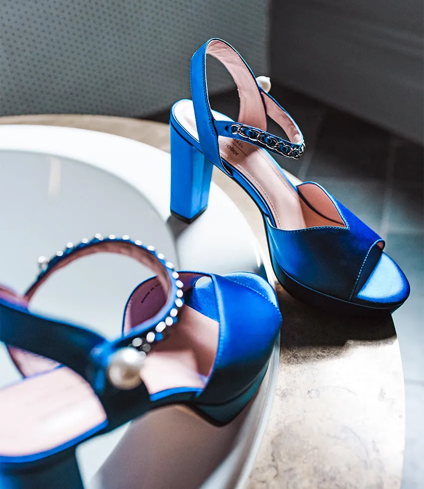 REGAN100 Platform Sandal with Chain in Cobalt Satin sold by Edward Meller product image thumbnail 2