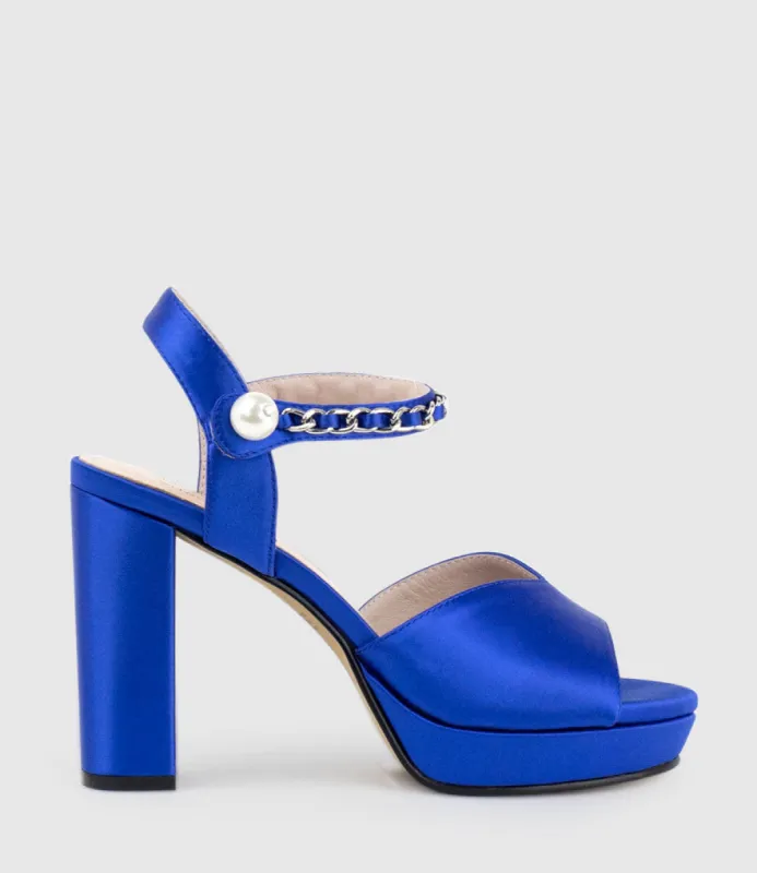REGAN100 Platform Sandal with Chain in Cobalt Satin sold by Edward Meller