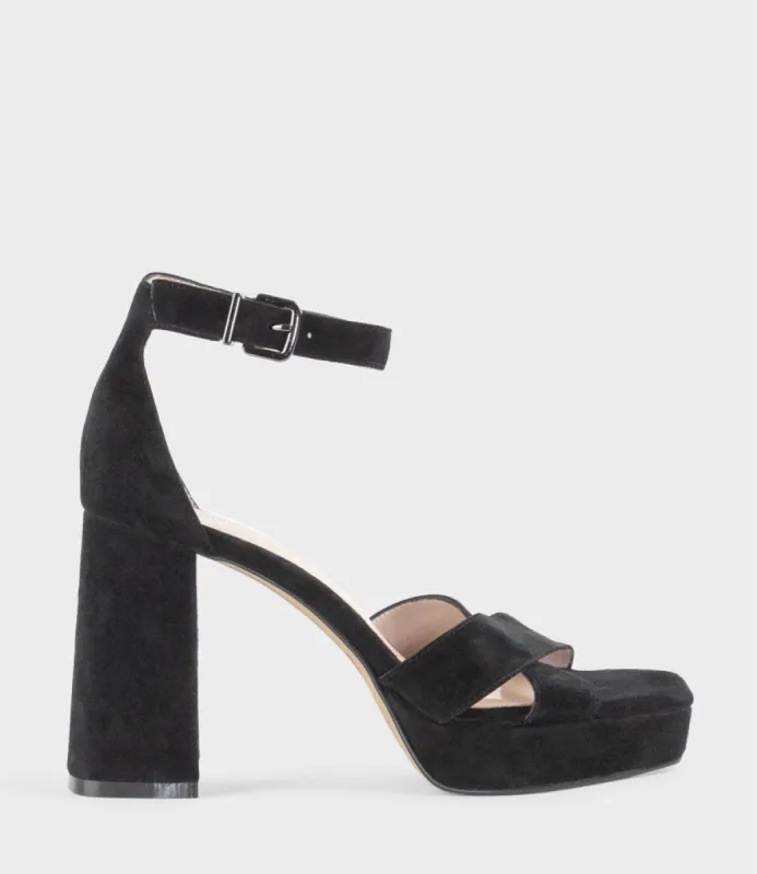 RICHIE95 Crossover Platform Sandal in Black Suede sold by Edward Meller