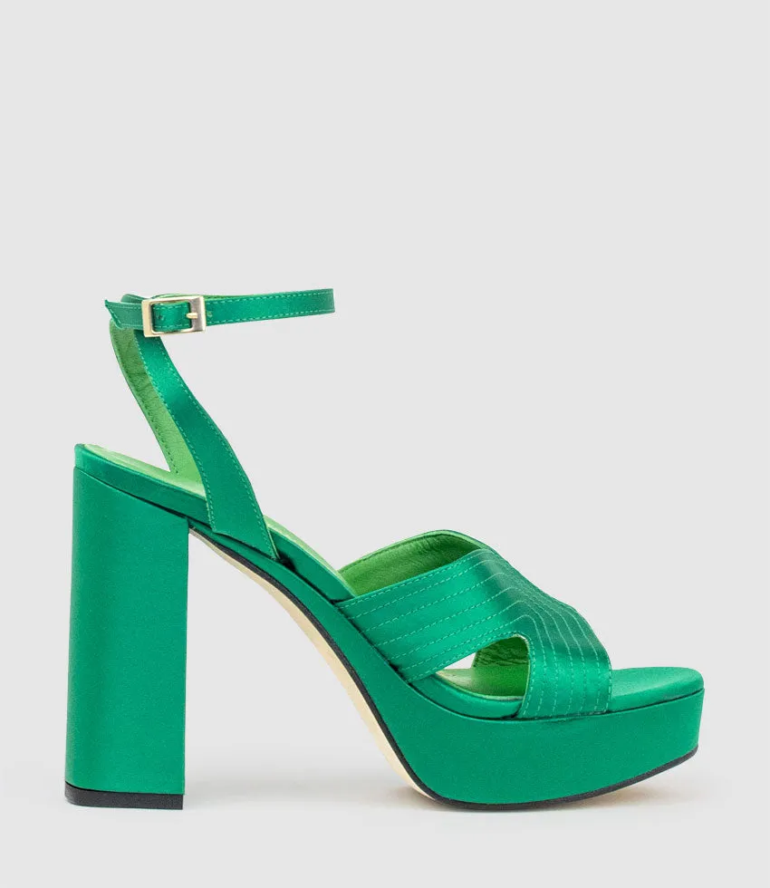 ROSALIA100 Stitched Detail Platform Sandal in Green Satin sold by Edward Meller