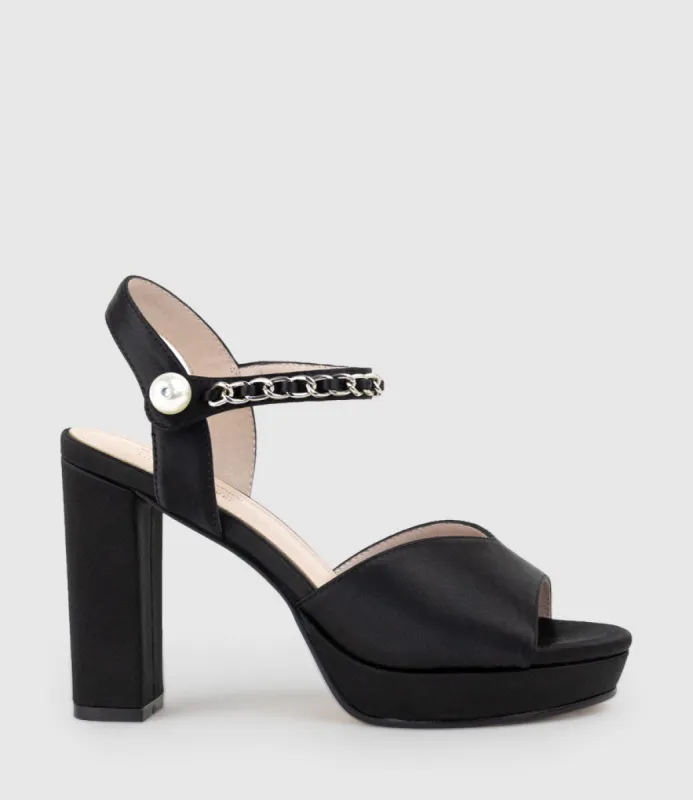 REGAN100 Platform Sandal with Chain in Black Satin sold by Edward Meller