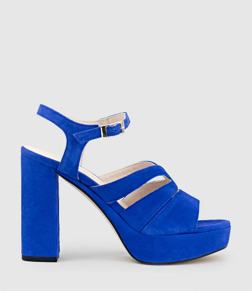 REYA100 Open Toe Platform Sandal in Cobalt Suede sold by Edward Meller