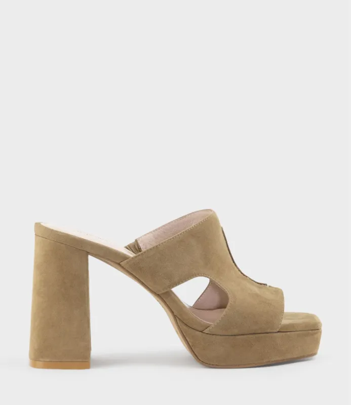 RYLIE95 Platform Slide with Cut-out in Camel Suede sold by Edward Meller