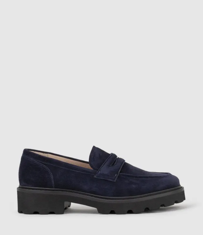 GASTON Moccasin in Navy Suede sold by Edward Meller