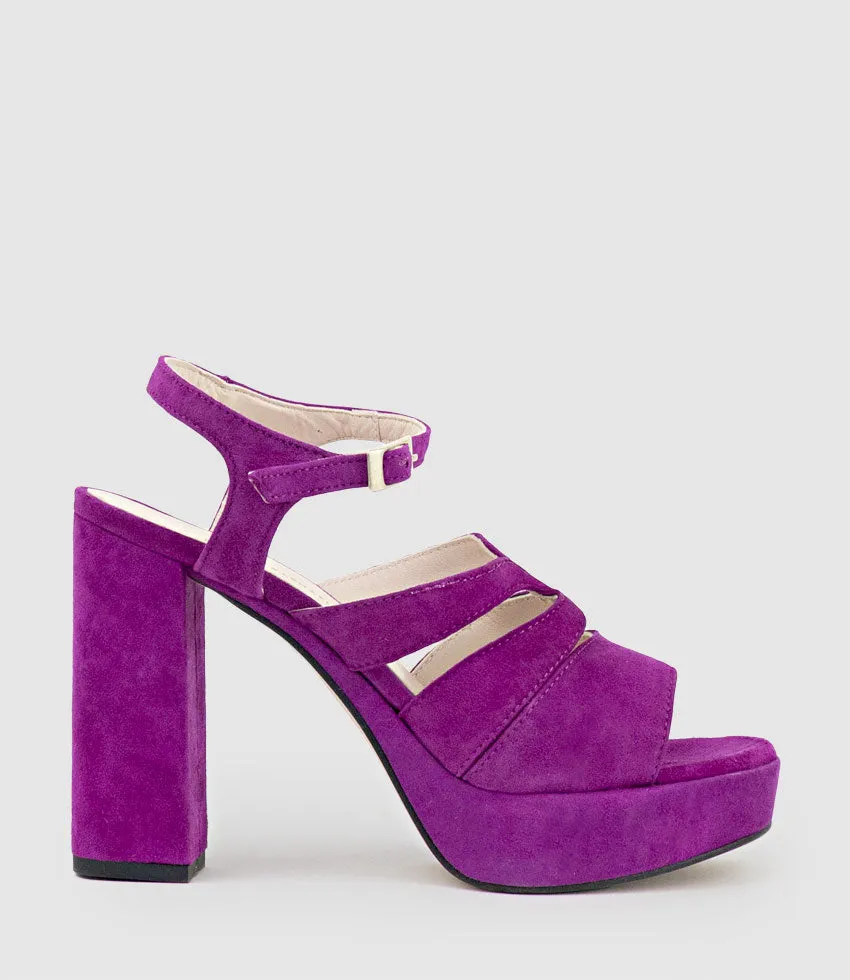 REYA100 Open Toe Platform Sandal in Magenta Suede sold by Edward Meller