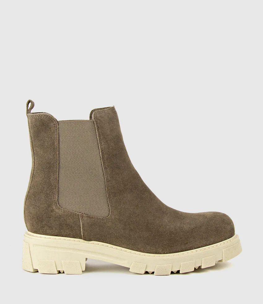 ASHLEY Chelsea Boot on Lug Sole in Stone Suede sold by Edward Meller