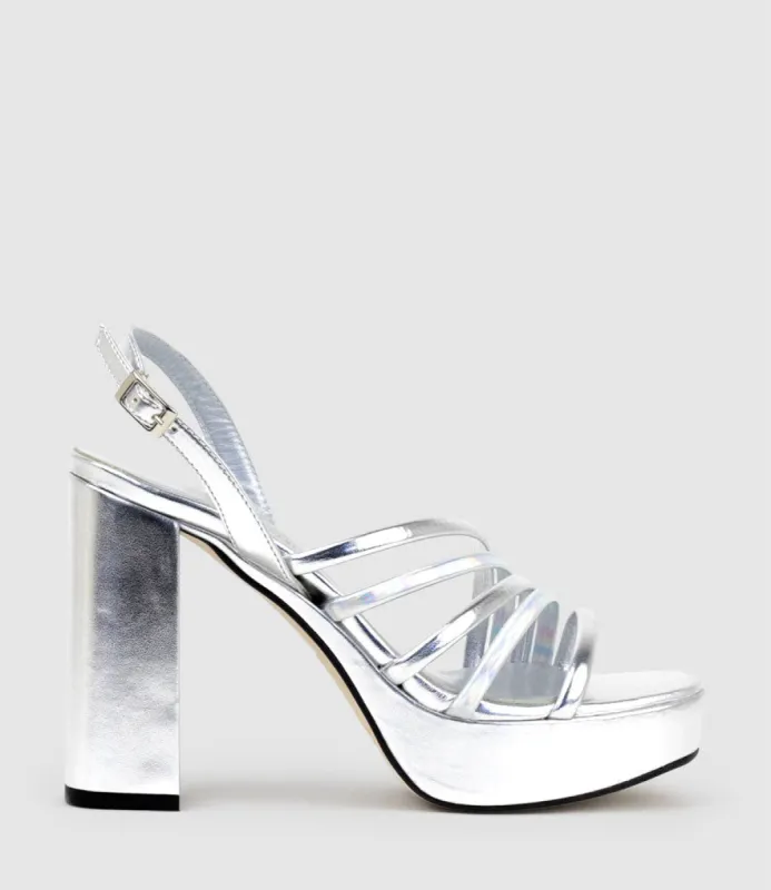 RINWA100 Asymmetrical Platform Sandal in Silver sold by Edward Meller