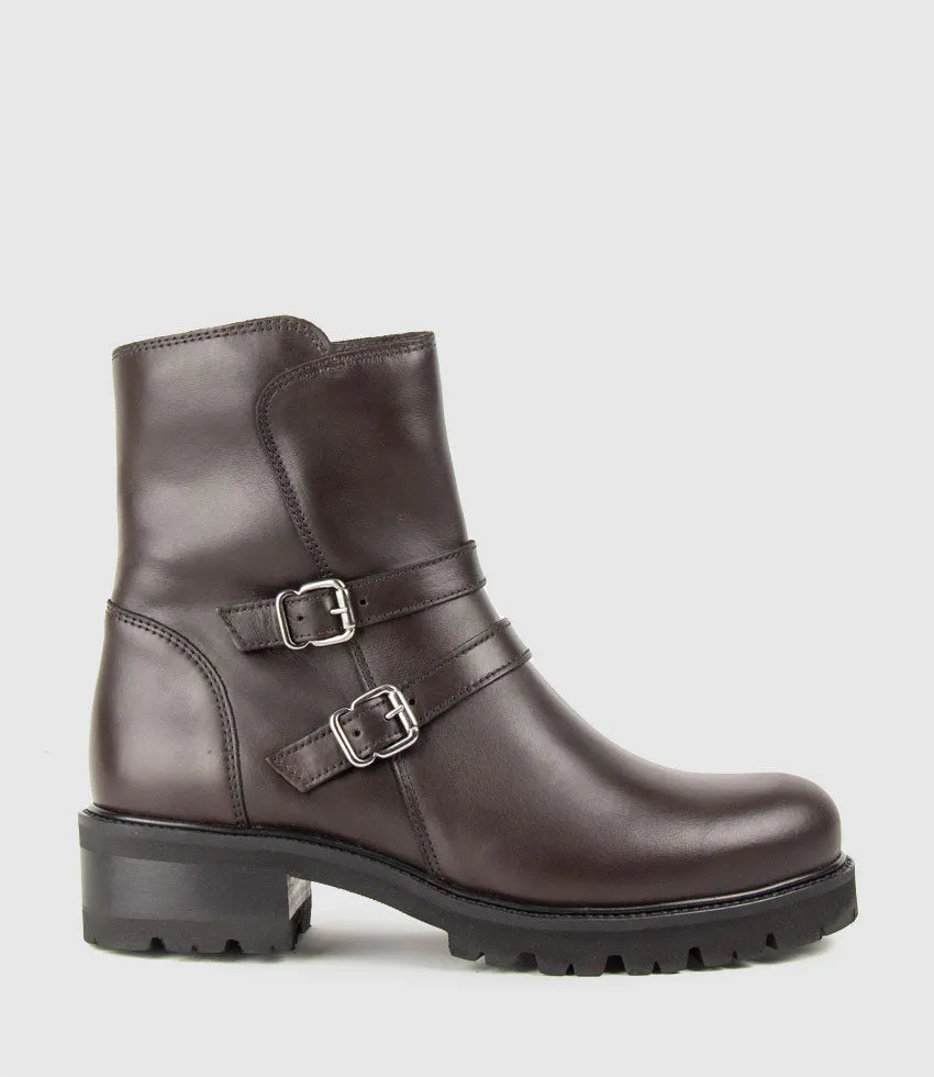 CARLY Double Buckle Biker Boot in Espresso sold by Edward Meller