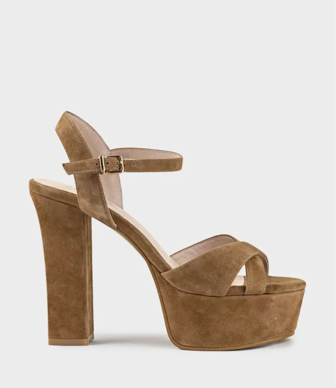 RAMONA125 Inverted Crossover Platform Sandal in Tawny Suede sold by Edward Meller