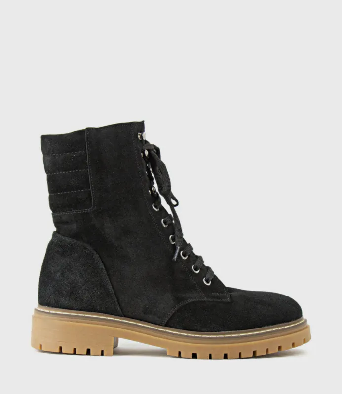 WODEN Lace Up Combat Boot in Black Suede sold by Edward Meller