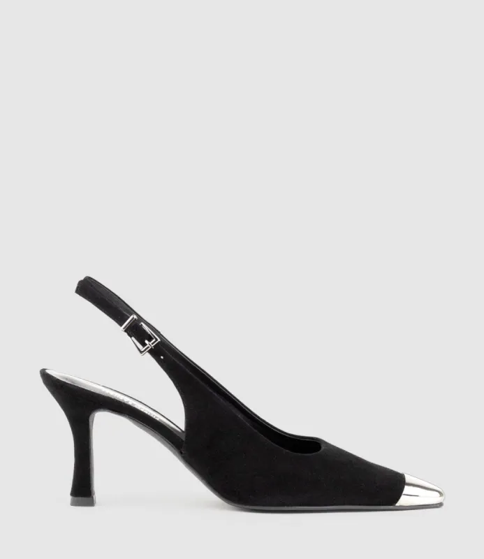 DELINA75 Cap Toe Slingback Pump in Black Suede sold by Edward Meller