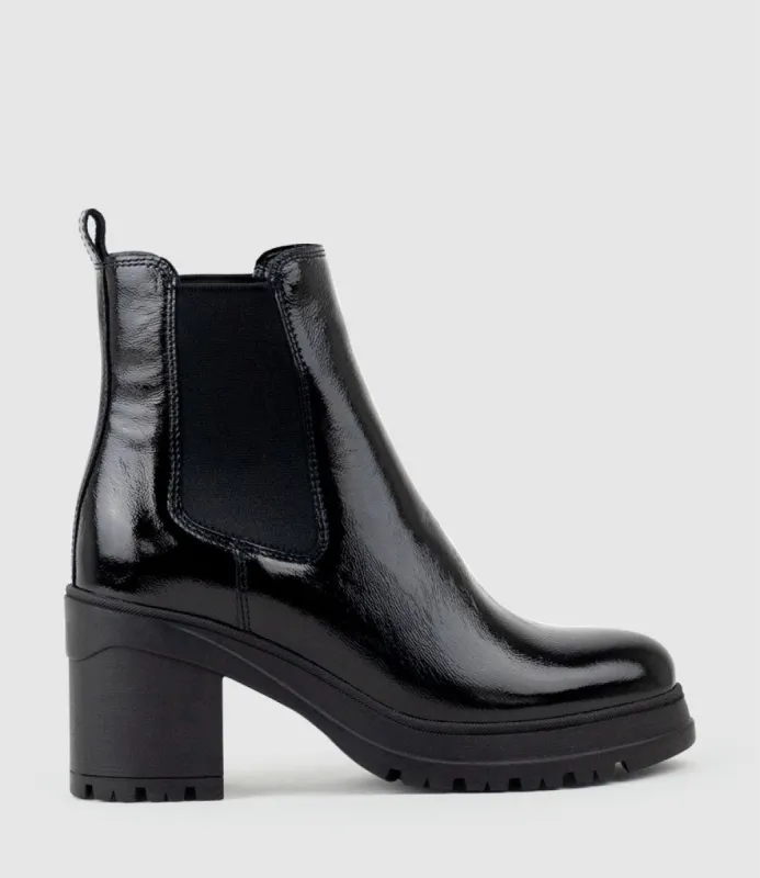 PAXTON Chukka Boot on Rubber Heel in Black Patent sold by Edward Meller