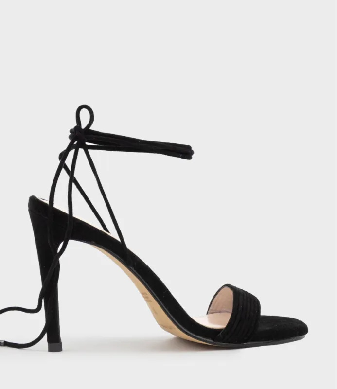 WISTERIA100 Ankle Tie Sandal in Black Suede sold by Edward Meller