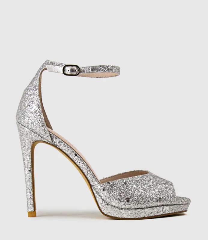 WREN110 Peep toe Platform Sandal in Silver Sparkle sold by Edward Meller