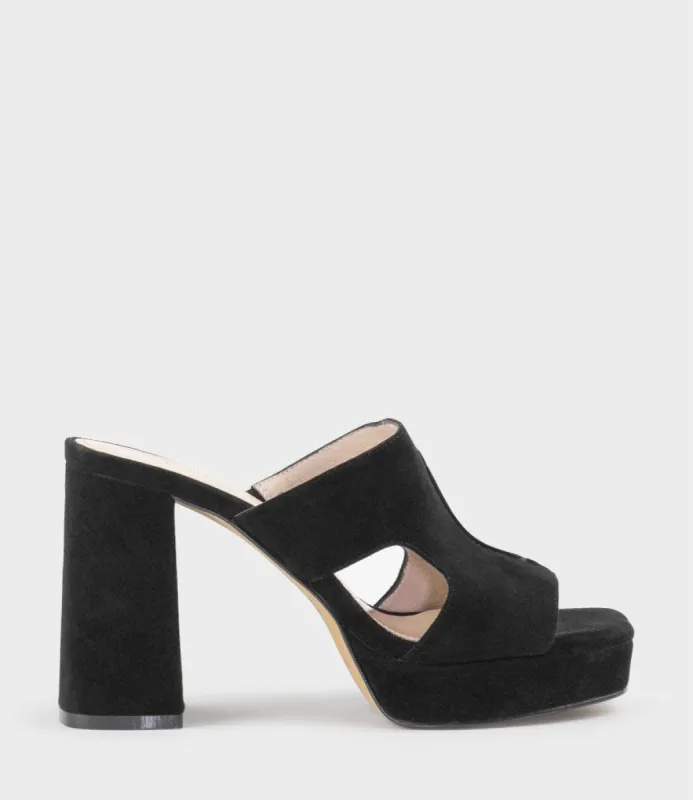RYLIE95 Platform Slide with Cut-out in Black Suede sold by Edward Meller