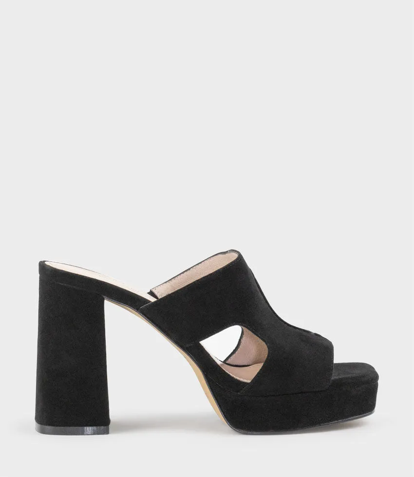 RYLIE95 Platform Slide with Cut-out in Black Suede sold by Edward Meller