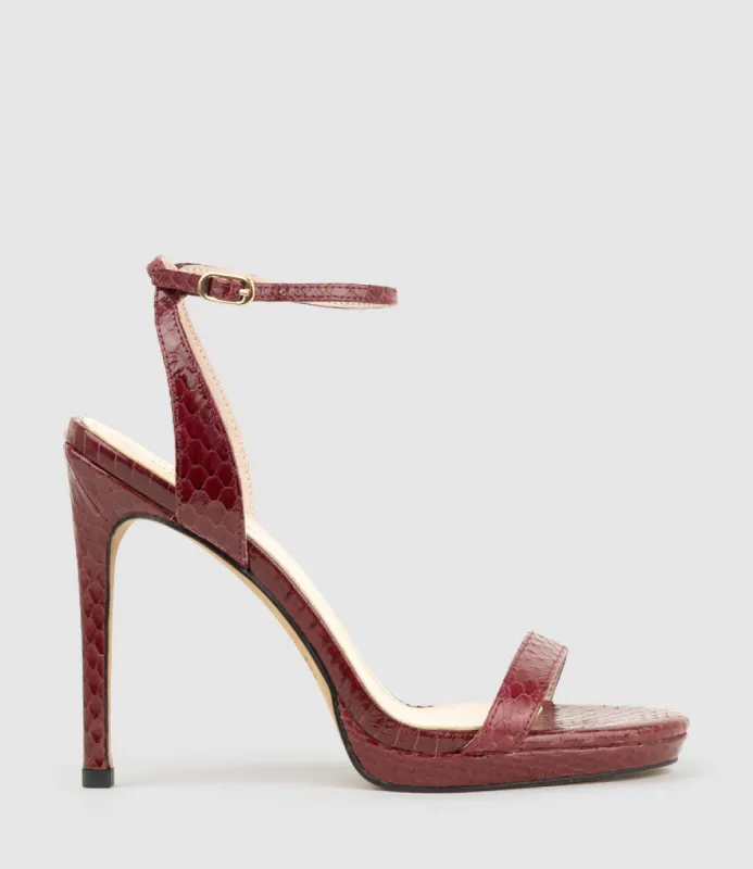 WHISPER110 Single Strap Platform Sandal in Black Cherry Snake sold by Edward Meller