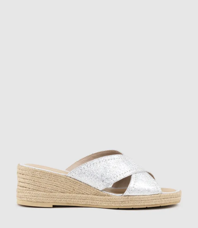 MALINA Crossover Slide Espadrille in Silver sold by Edward Meller