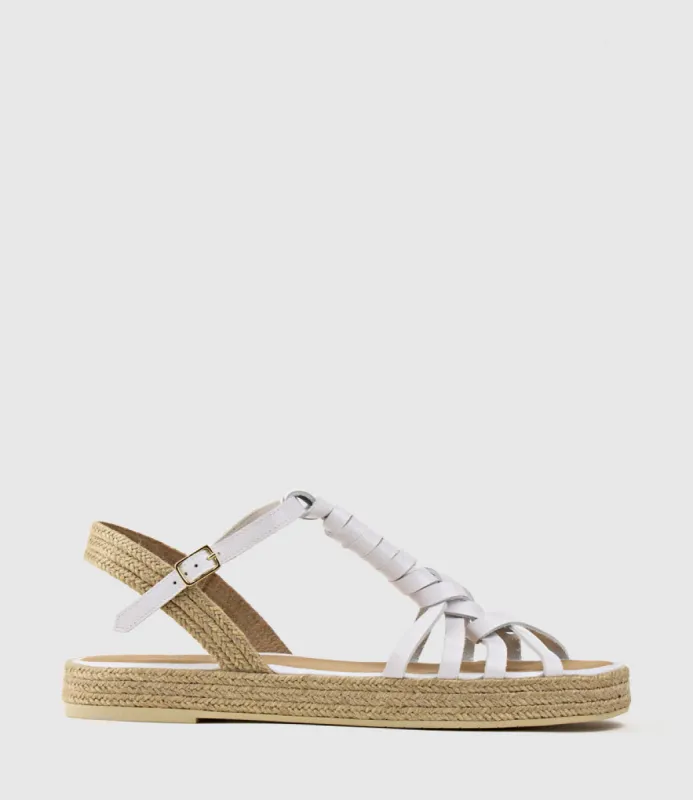 LYRA Wrapped T-Bar Flat Espadrille in White sold by Edward Meller