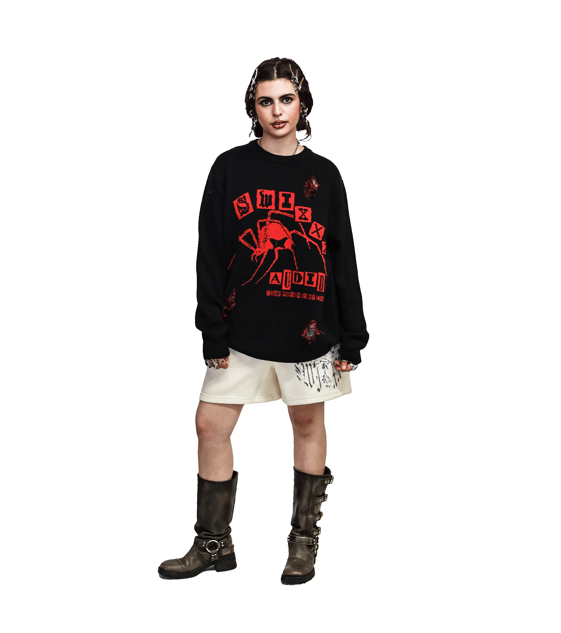 swixxzaudio Spider Black Distressed Sweater sold by SWIXXZ by Maggie Lindemann
