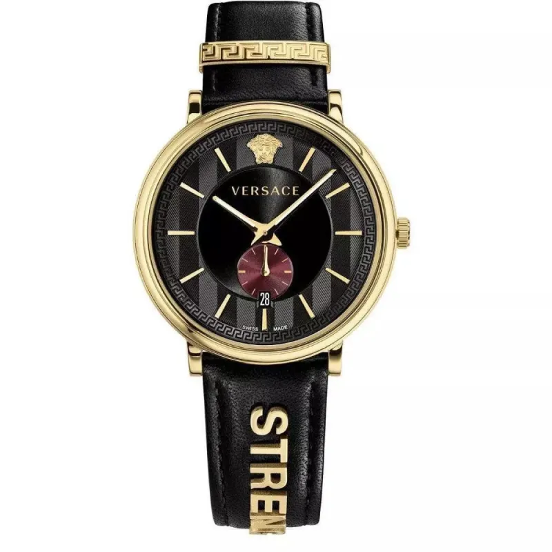 Versace VBQ050017 V-Circle 42mm Gold Tone Black Leather Strap Women's Watch made by Versace