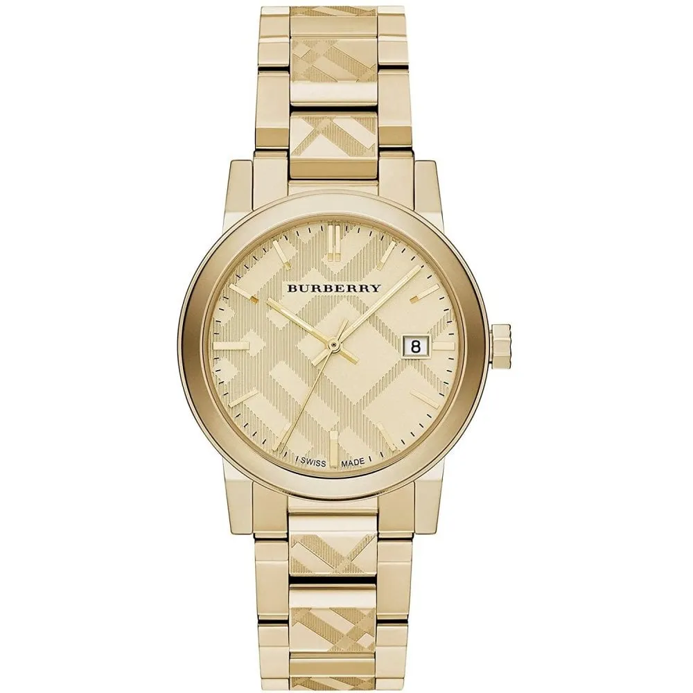 Burberry BU9038 The City Engraved Checked Gold Unisex Watch sold by Watch & Watch