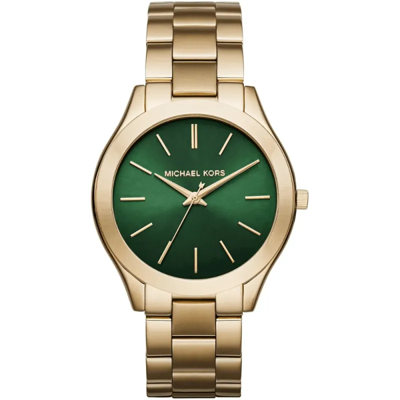 Michael Kors MK3435 Slim Runway Green Dial Gold-Tone Ladies Watch sold by Watch & Watch