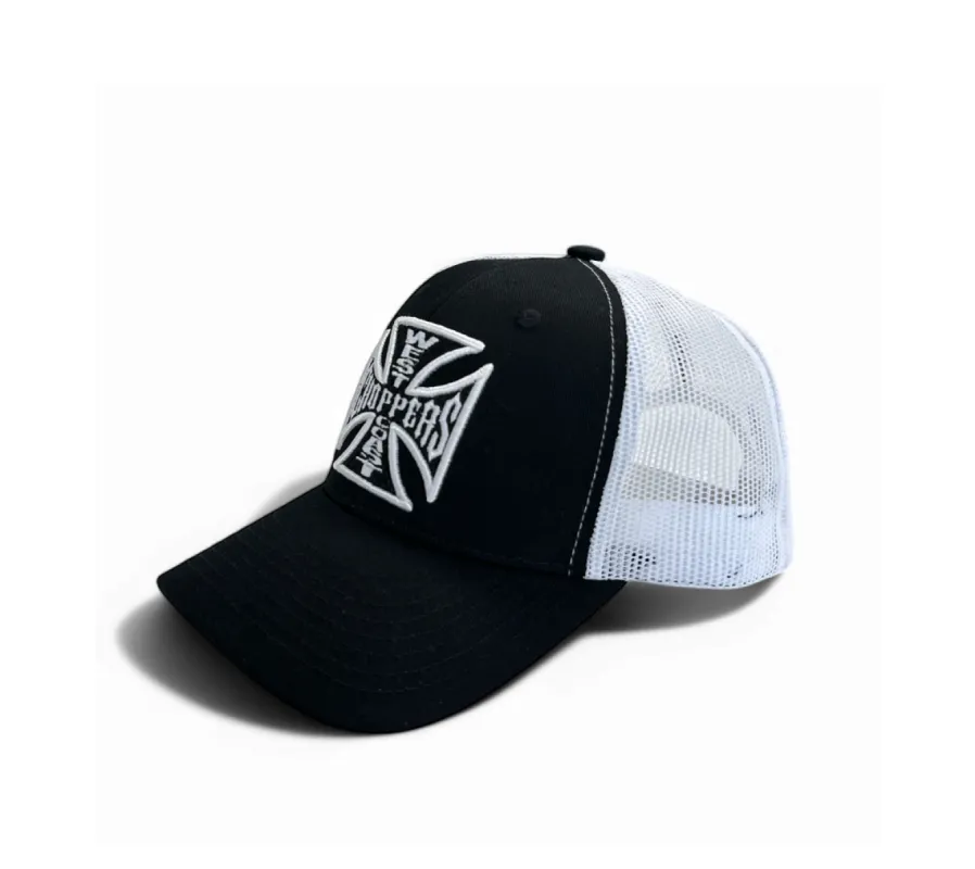 OG CROSS 6 PANEL TRUCKER HAT - BLACK/WHITE made by West Coast Choppers