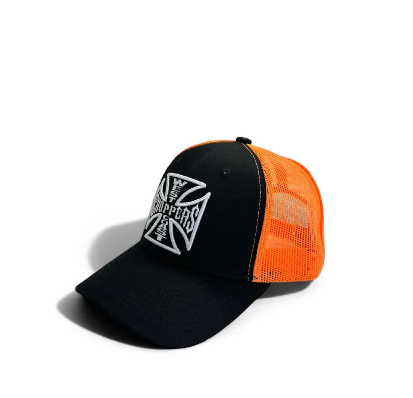 OG CROSS 6 PANEL TRUCKER HAT - BLACK/ORANGE made by West Coast Choppers
