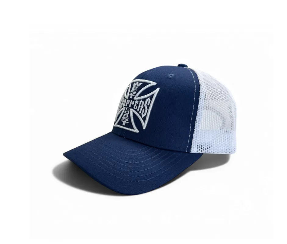 OG CROSS 6 PANEL TRUCKER HAT - NAVY/WHITE made by West Coast Choppers