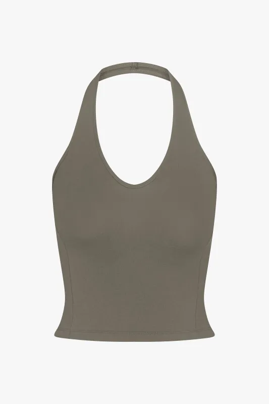 SPORTY HALTER TOP IN TAUPE made by Ratboi