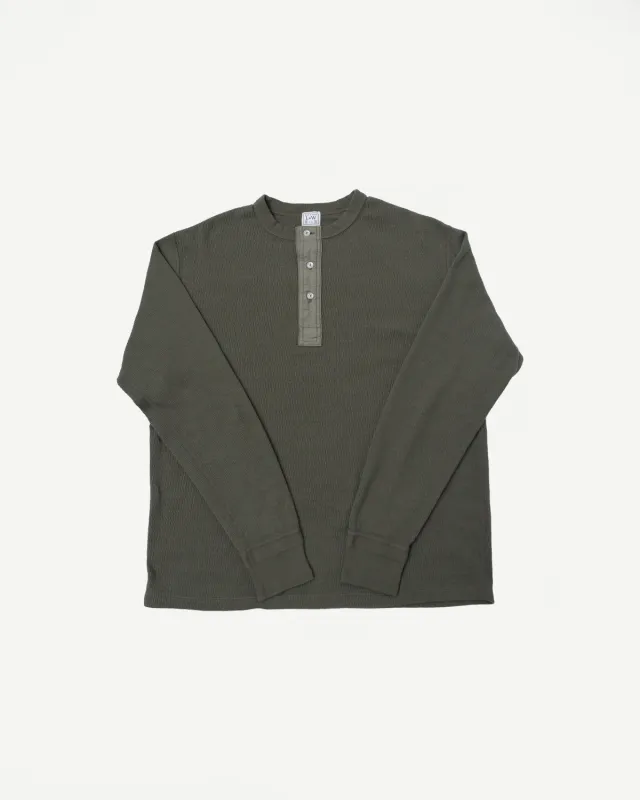 LRH1041 - Supima Long Sleeve Honeycomb Knit Henleyneck Thermal - Army Olive made by Loop & Weft