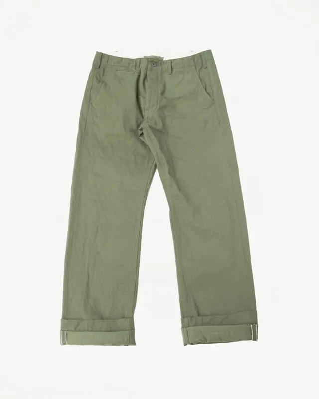 737-SVC-LOL - 9.5oz Selvedge Chino Trouser Light Olive - Relaxed Straight made by Oni