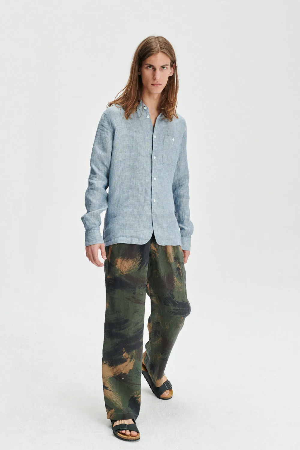 Strong Shirt in a Double Sided Blue and Green Fatigue Italian Linen and Cotton sold by Delikatessen