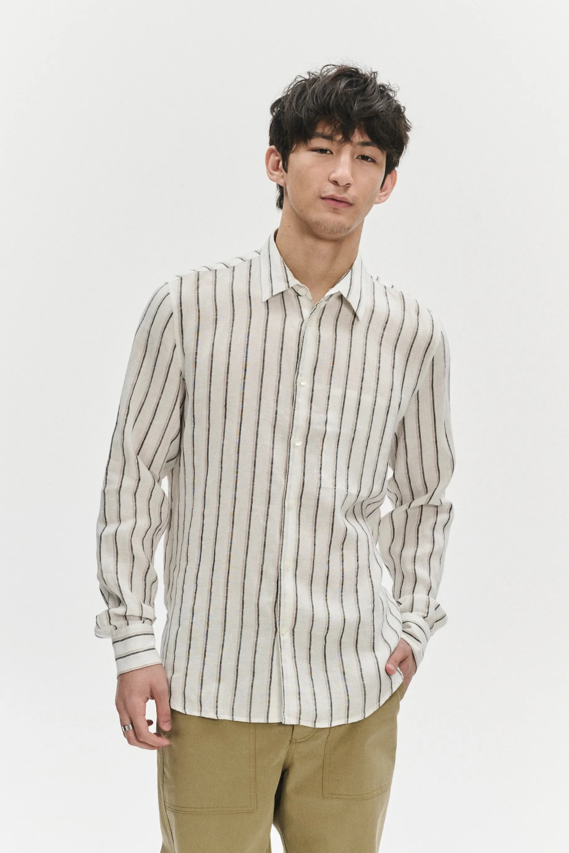 Feel Good Shirt in a Fine White Black and Beige Double Striped Bohemian Linen sold by Delikatessen product image thumbnail 4