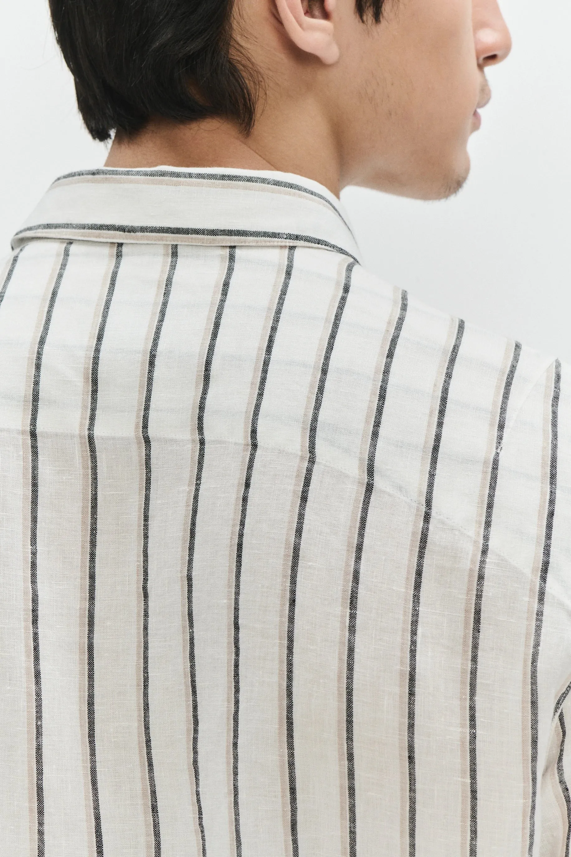 Feel Good Shirt in a Fine White Black and Beige Double Striped Bohemian Linen sold by Delikatessen product image thumbnail 2