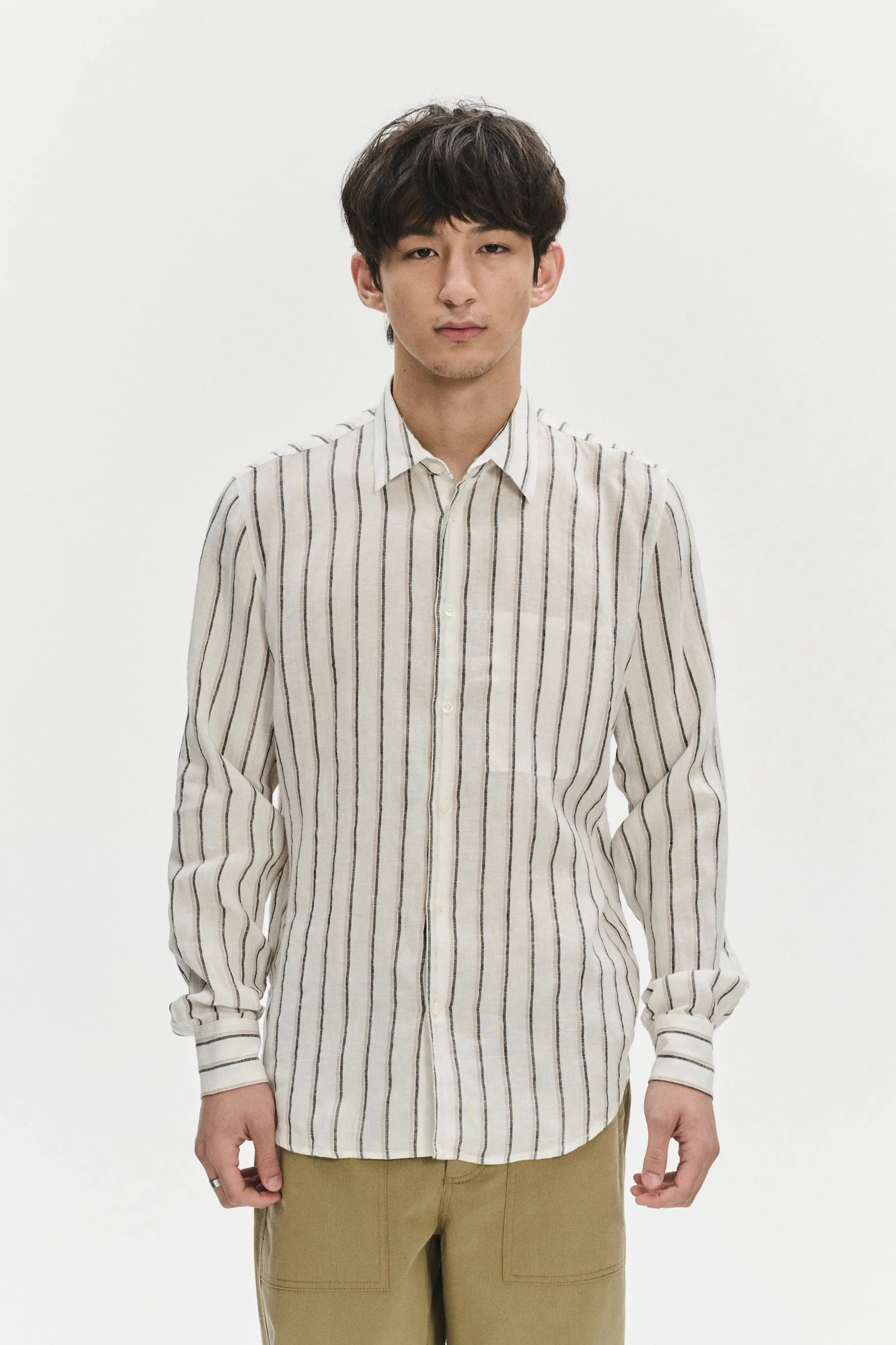 Feel Good Shirt in a Fine White Black and Beige Double Striped Bohemian Linen sold by Delikatessen product image thumbnail 3