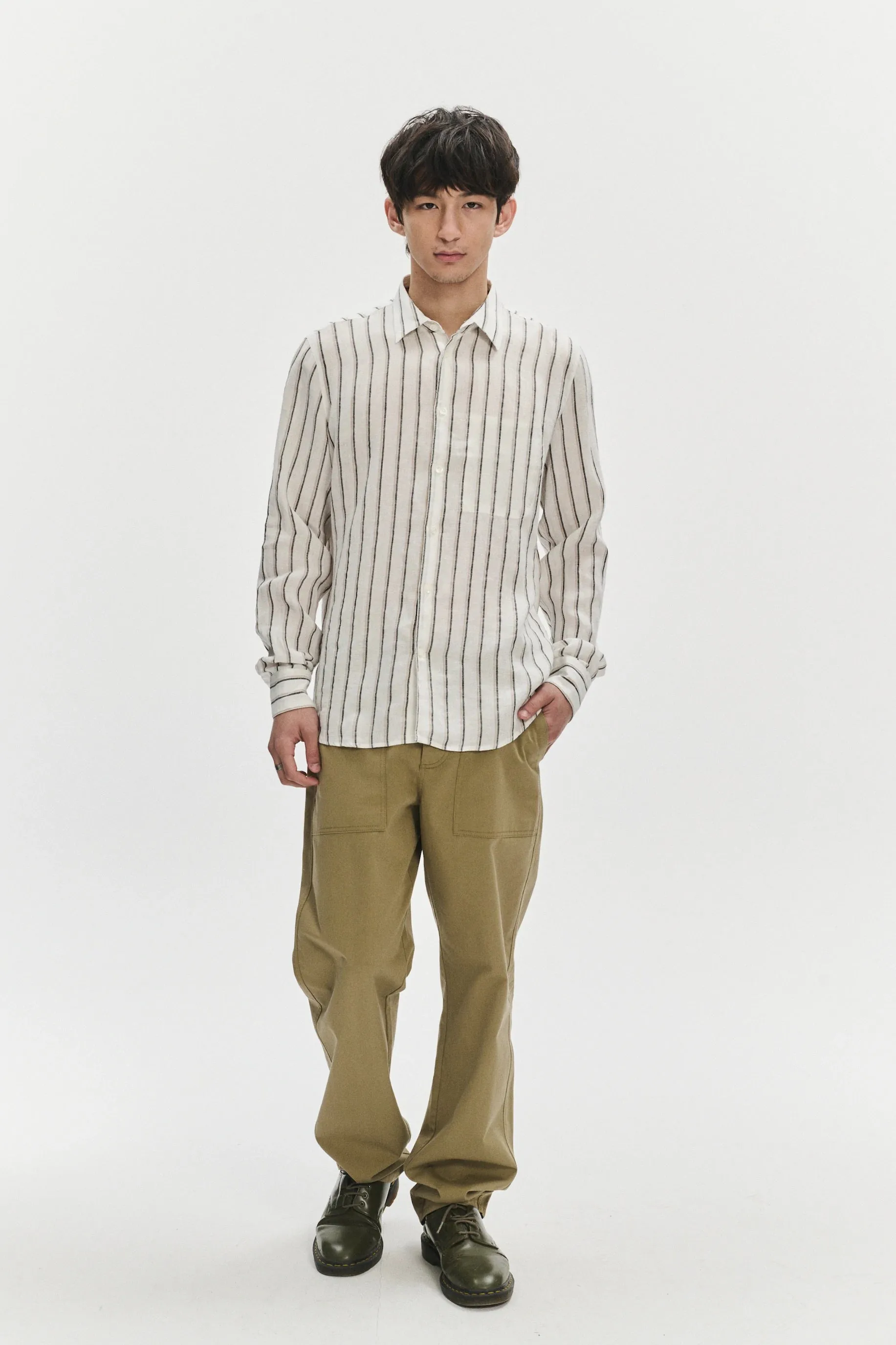 Feel Good Shirt in a Fine White Black and Beige Double Striped Bohemian Linen sold by Delikatessen