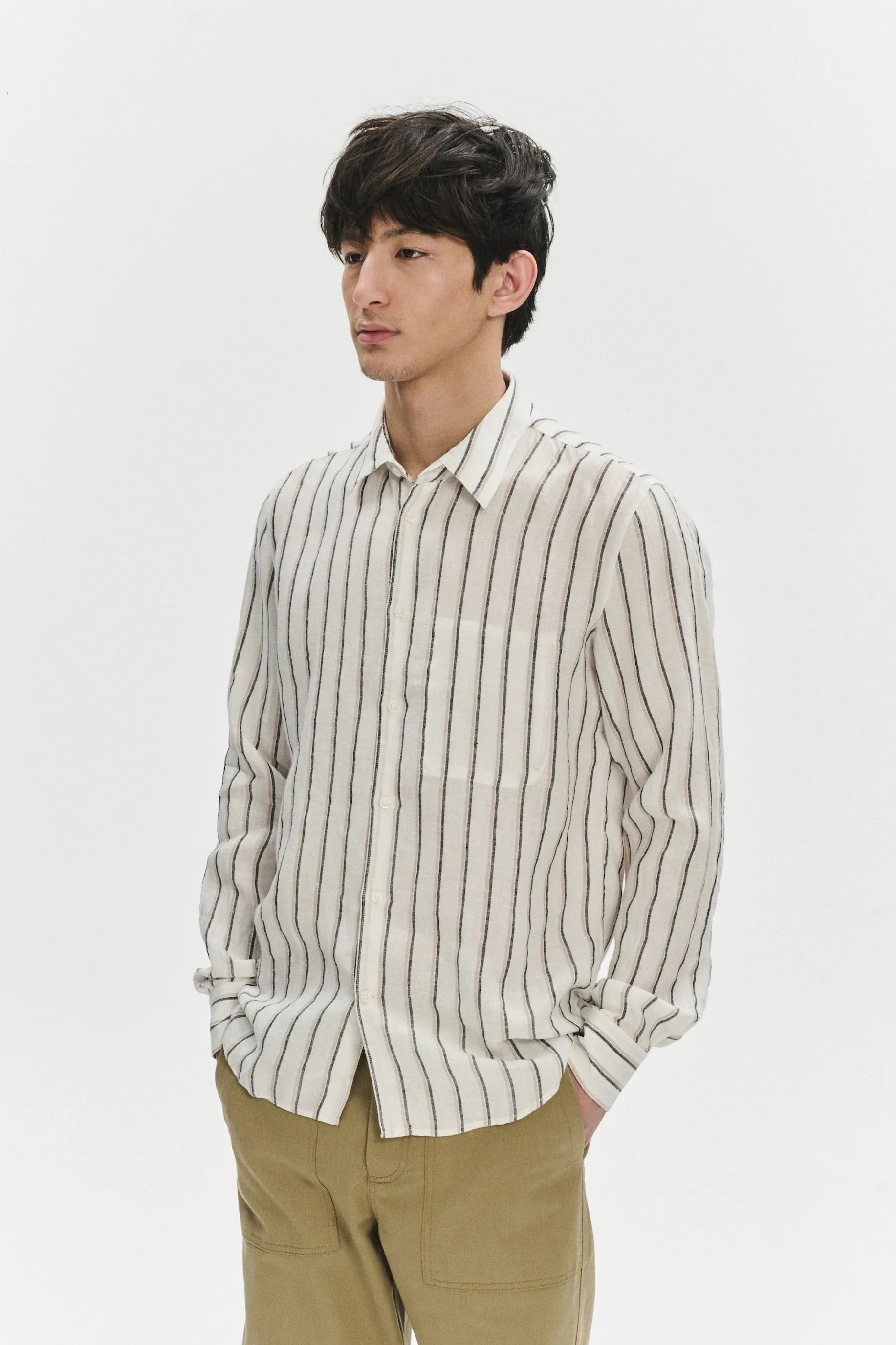 Feel Good Shirt in a Fine White Black and Beige Double Striped Bohemian Linen sold by Delikatessen product image thumbnail 5