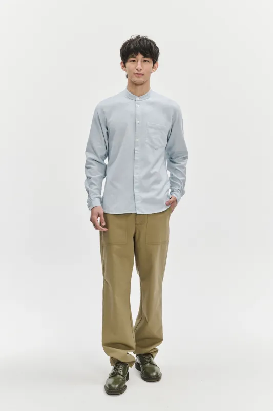 Zen Grandad Collar Shirt in a Pale Sky Blue Italian Double Brushed Italian Cotton Flannel sold by Delikatessen