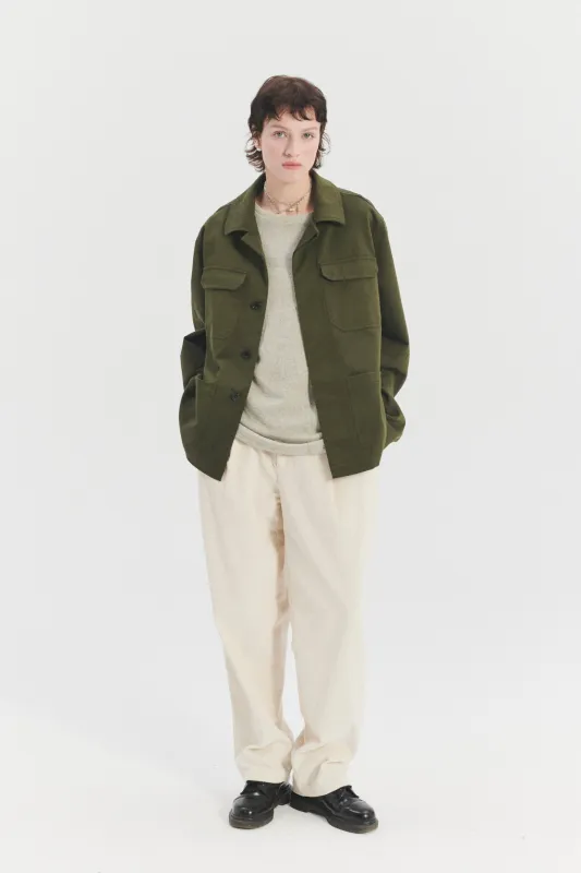 Unisex Workwear Jacket in the Finest Olive Green Italian Cotton and Wool Twill from Subalpino sold by Delikatessen