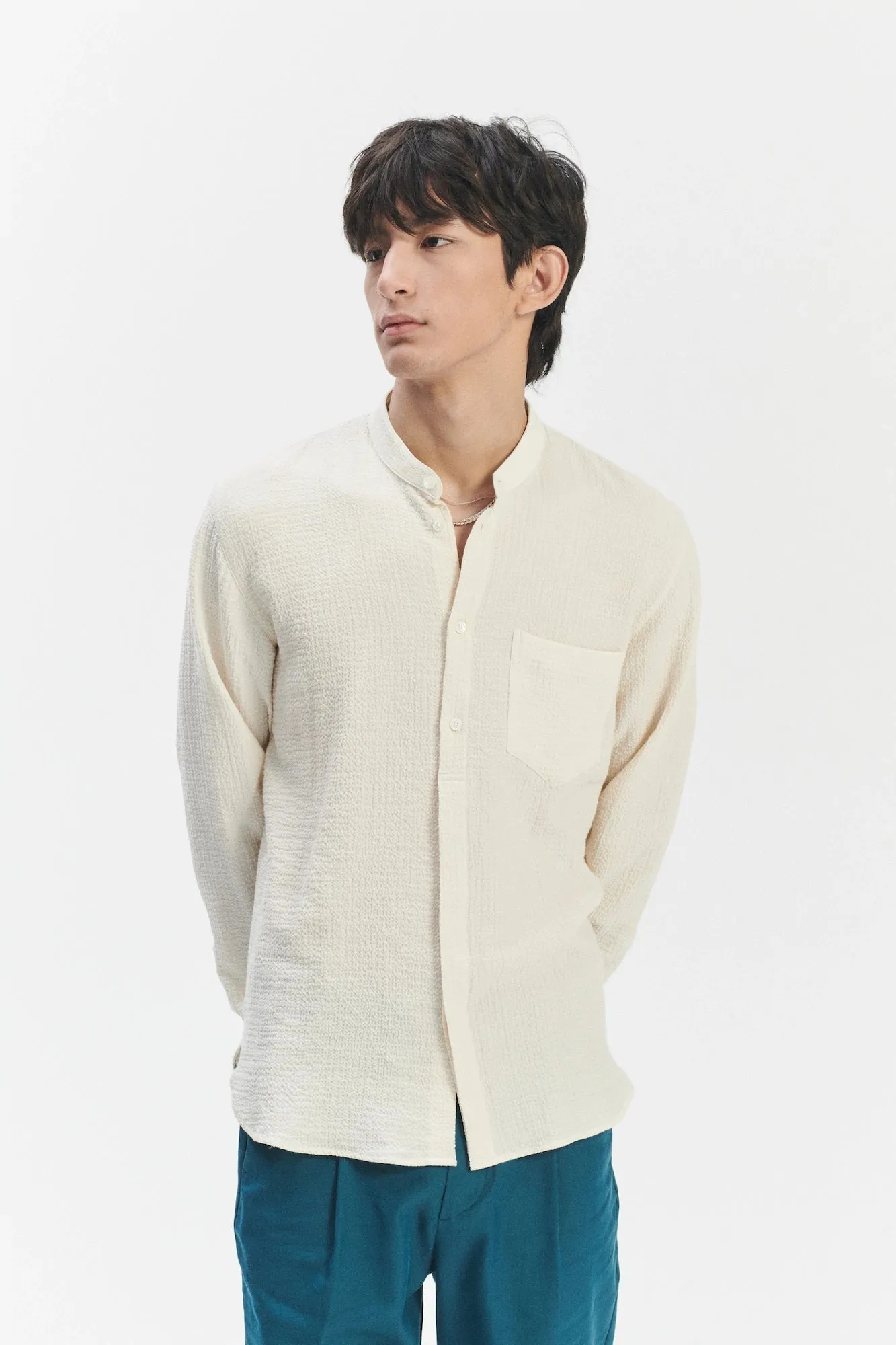 Zen Grandad Collar Shirt in the Finest Creamy White Portuguese Cashmere and Cotton Seersucker sold by Delikatessen product image thumbnail 5