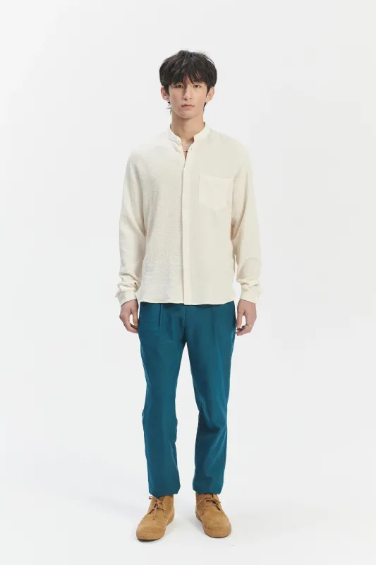 Zen Grandad Collar Shirt in the Finest Creamy White Portuguese Cashmere and Cotton Seersucker sold by Delikatessen