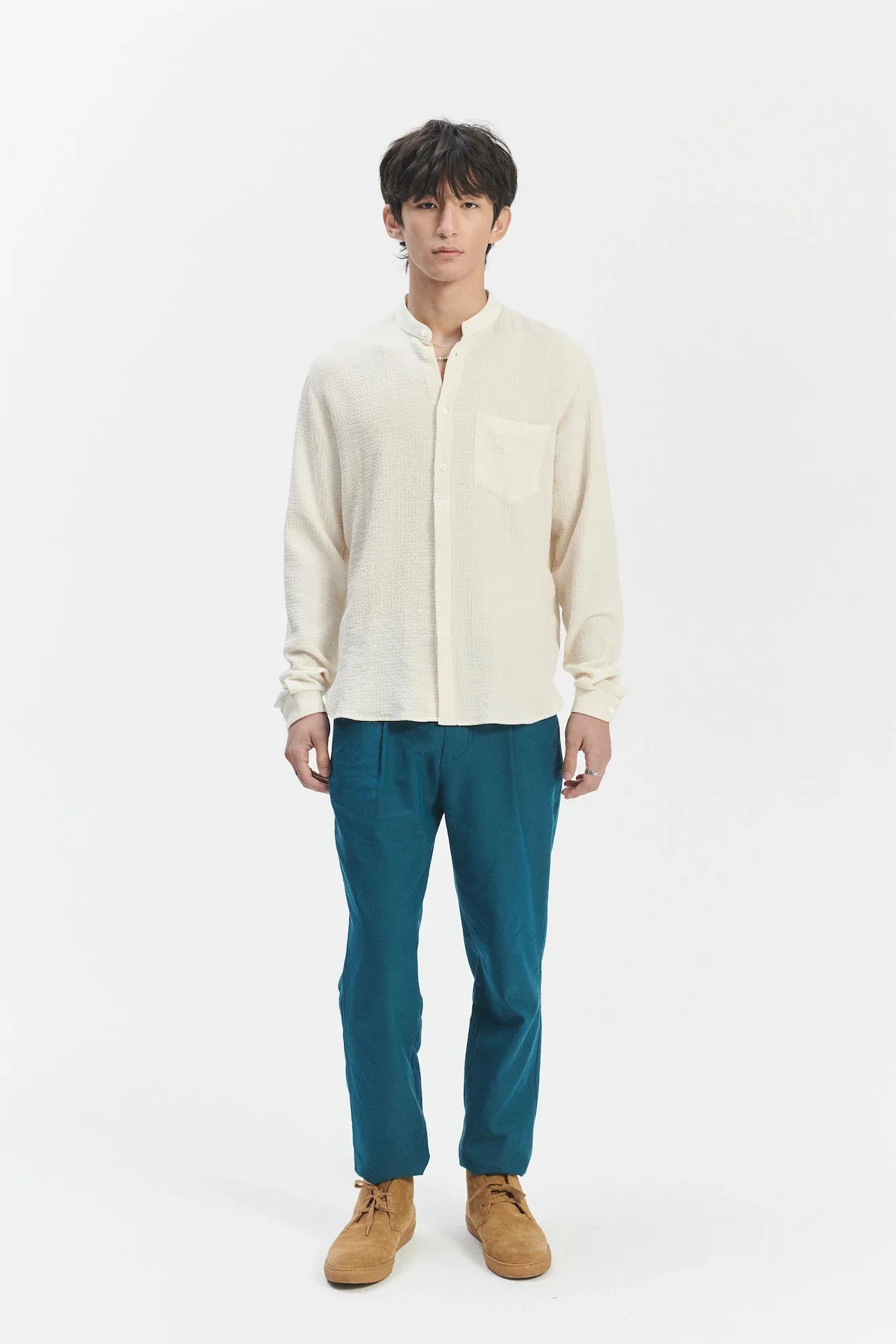 Zen Grandad Collar Shirt in the Finest Creamy White Portuguese Cashmere and Cotton Seersucker sold by Delikatessen