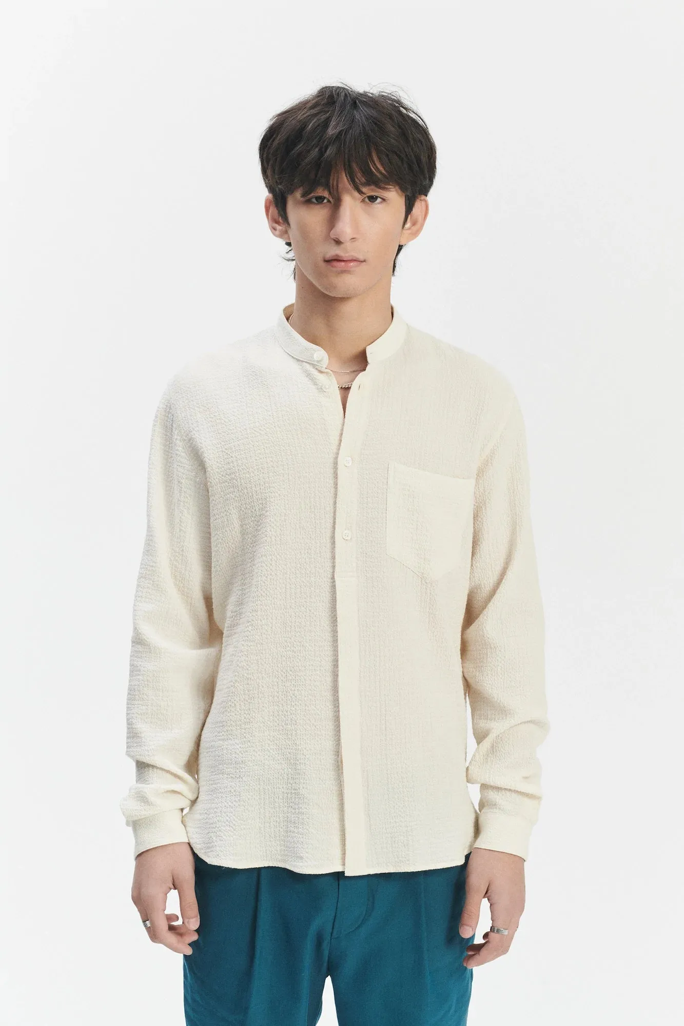 Zen Grandad Collar Shirt in the Finest Creamy White Portuguese Cashmere and Cotton Seersucker sold by Delikatessen product image thumbnail 4