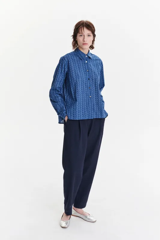 Relaxed Blouse in a Blue Abstract Flower Print Italian Cotton sold by Delikatessen