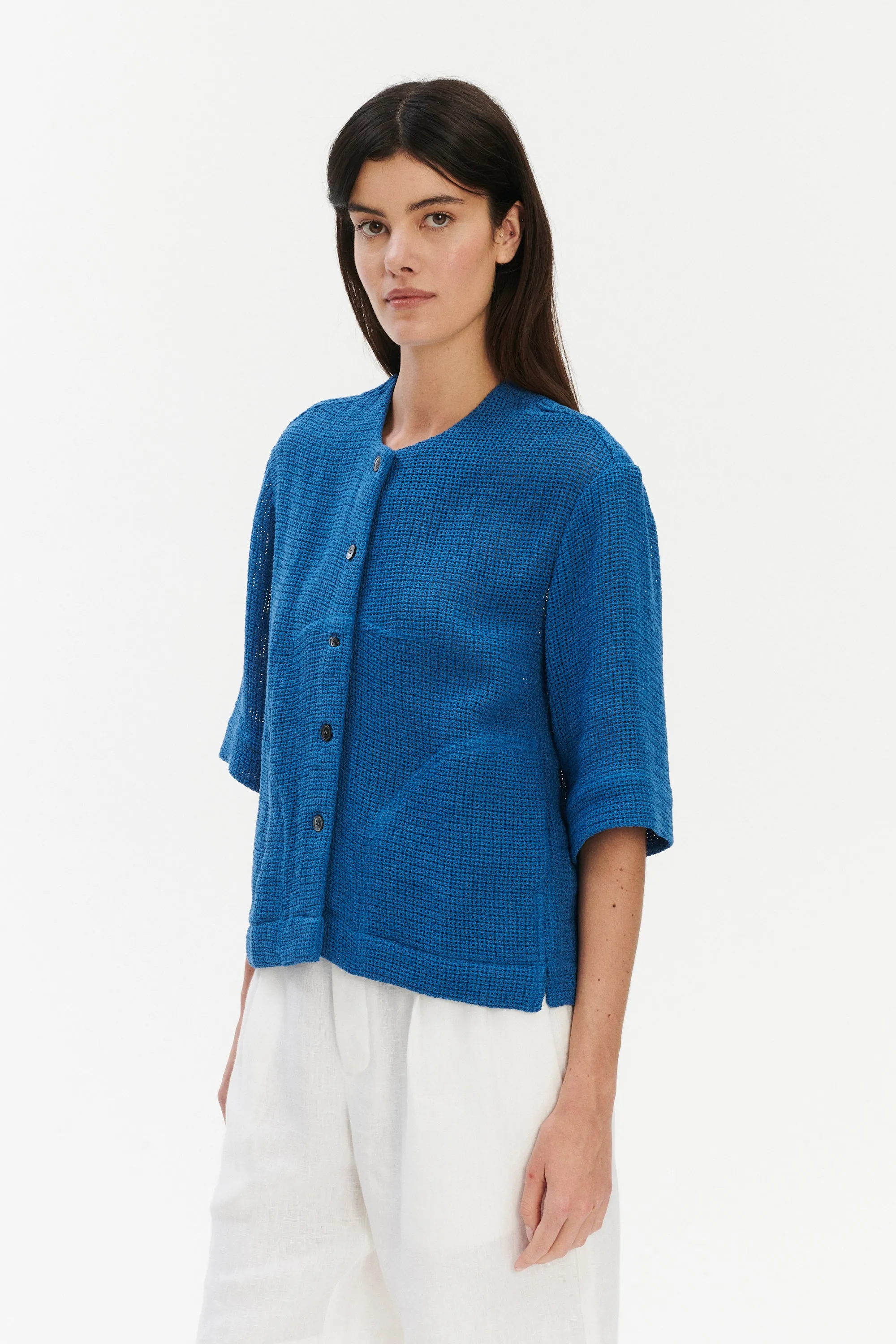 Relaxed Shirt Jacket in a Blue Crochet like fabric sold by Delikatessen product image thumbnail 5